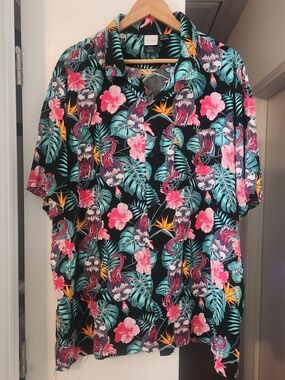 Marvel Venom Hawaiian Shirt 3XL Tropical Floral Button-Up 100% Black Pink Green